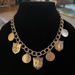 Gold tone charm coins necklace Fleur De Leis shield Queen Elizabeth statement